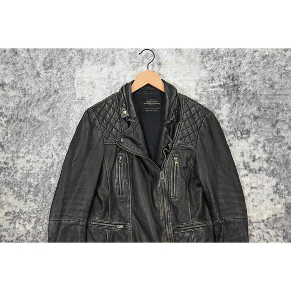 All Saints Black Quilted Leather Moto Style Zip Jacket Size Womens 10 - Picture 2 of 10